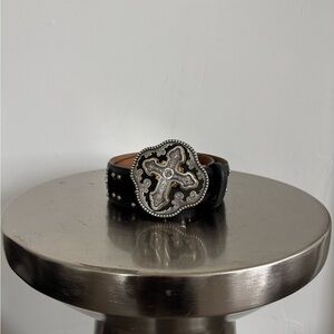 Black Leather Bracelet with Silver Cross Design